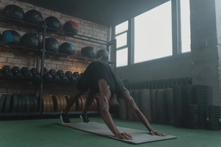 Man performing fitness workout on yoga mat in gym. Focus on strength and body posture. - exercise workout gym - New year resolution fitness gear promo codes