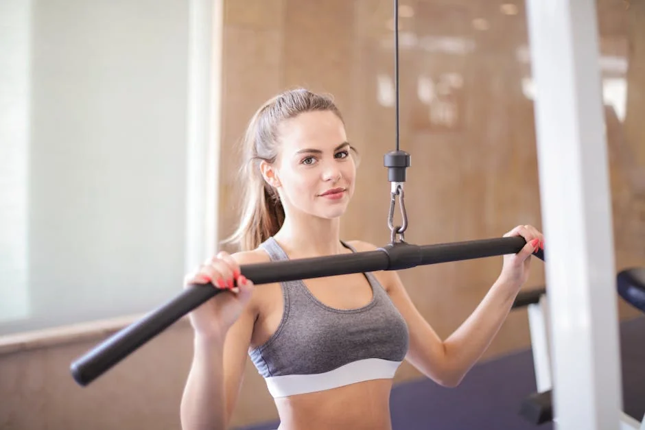 Young woman using gym equipment for strength training in a modern fitness facility. - exercise workout gym - New year resolution fitness gear promo codes