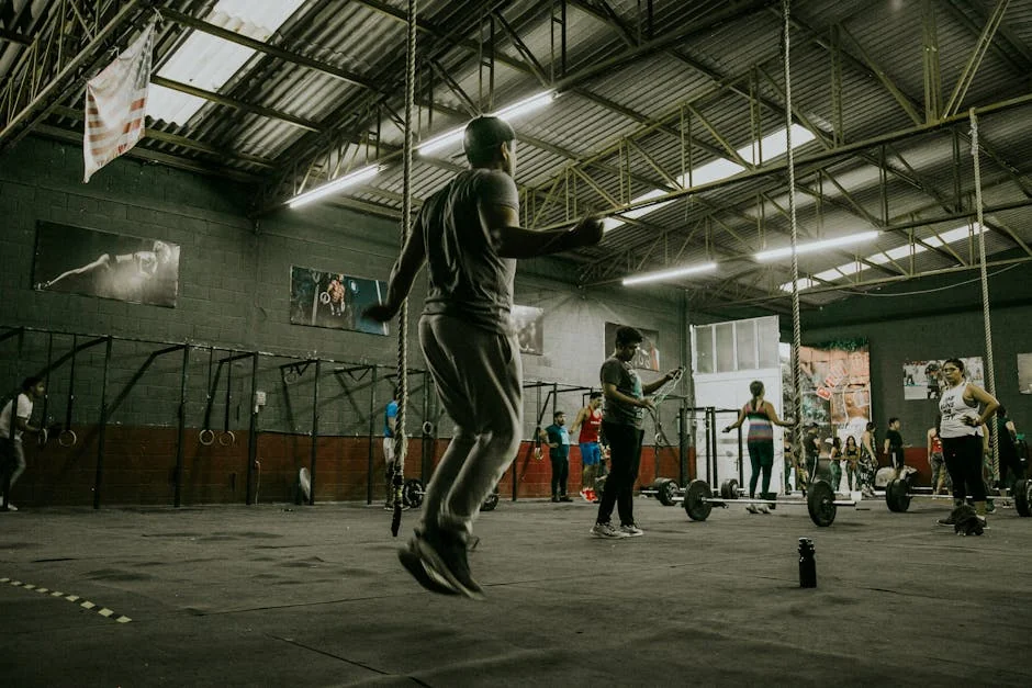 Dynamic CrossFit session with multiple adults exercising indoors using various equipment. - exercise workout gym - New year resolution fitness gear promo codes