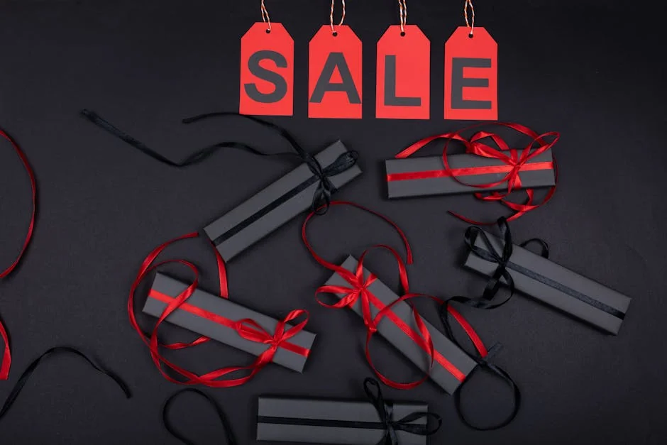 Elegant black gift boxes with red ribbons on sale promotion background. - photo printing coupons and personalized gift deals