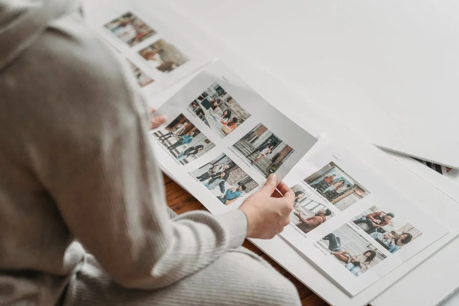 From above faceless person in warm gray clothes looking through printed images in album while sitting on floor - photo printing coupons and personalized gift deals