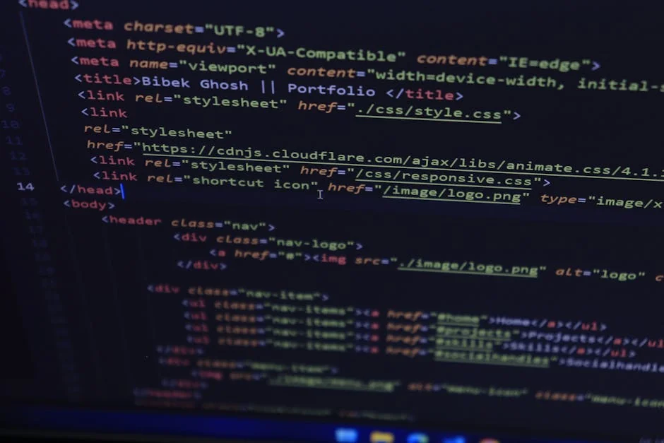 Close-up of HTML and CSS code displayed on a computer screen, ideal for tech and programming themes. - web design development - Reliable website for holiday gift guide deals