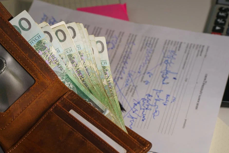 Close-up of a wallet containing Polish Zloty with a signed document in the background, representing financial transactions. - financial protection document - Save money on car insurance with exclusive codes