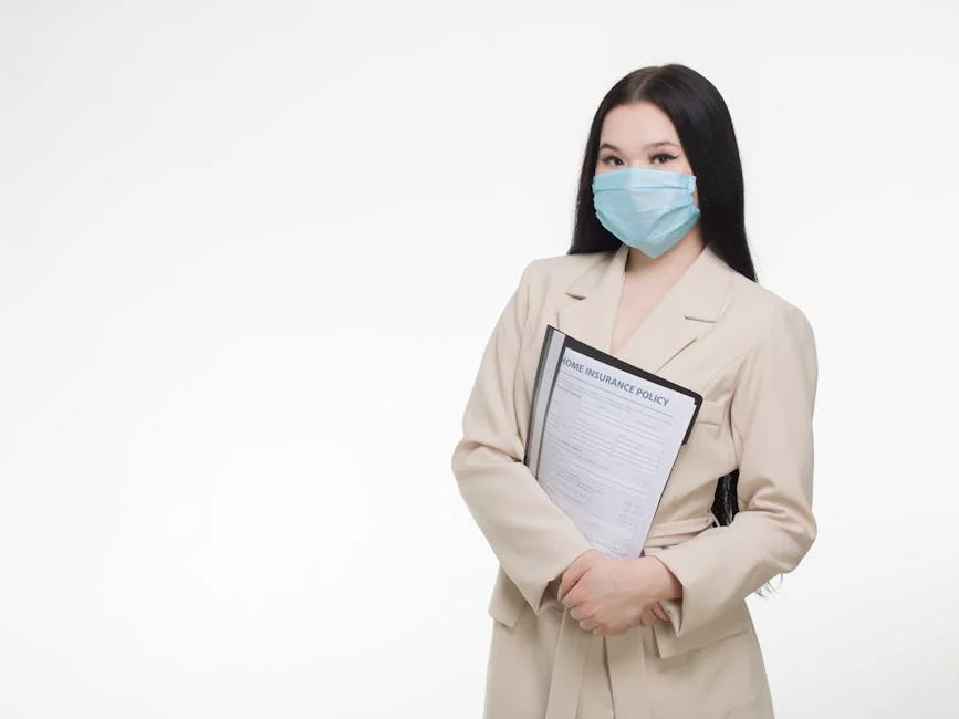 Professional woman wearing face mask holding insurance document, demonstrating safety and business. - financial protection document - Save money on car insurance with exclusive codes