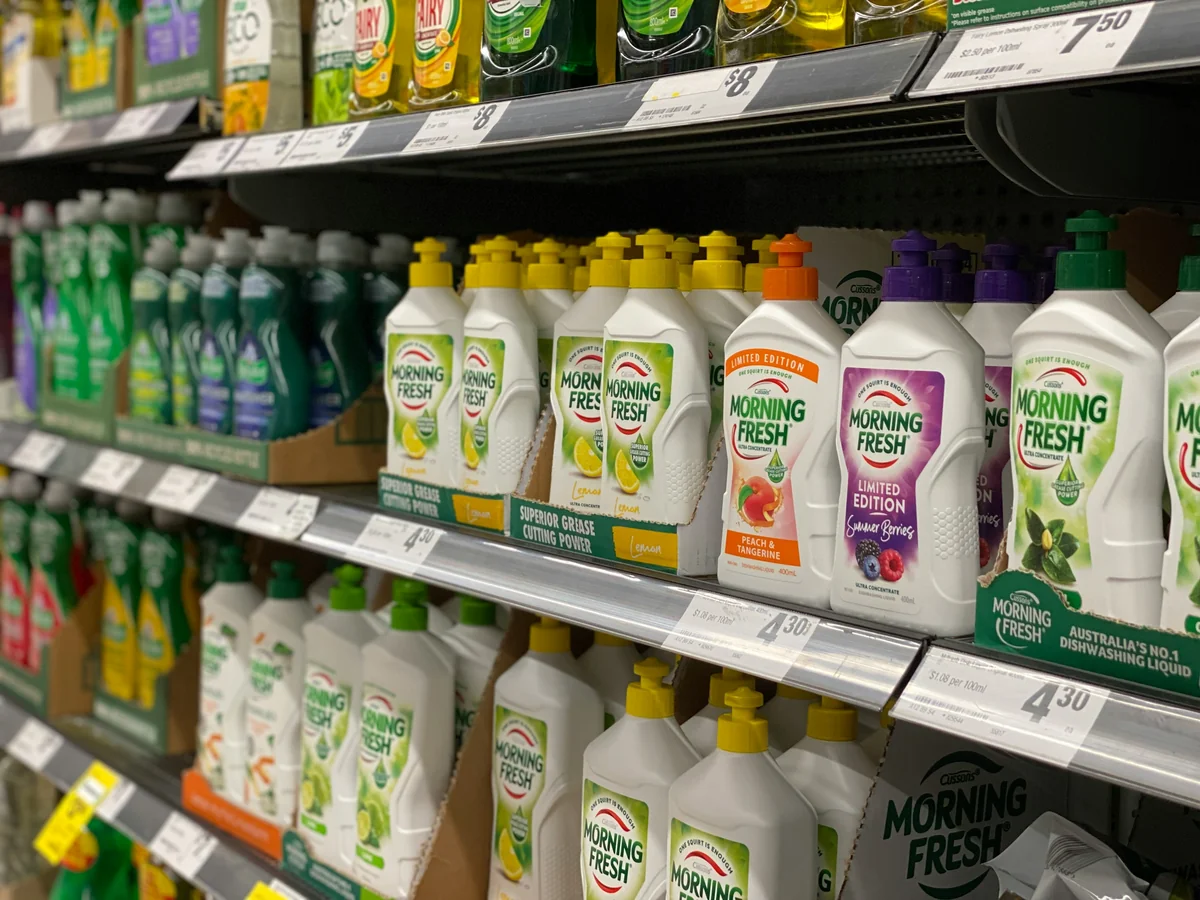 Retail shelves Supermarket  - spring cleaning supply coupons and household deals