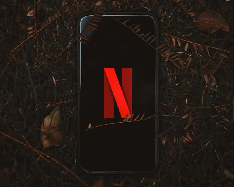Smartphone with Netflix logo on screen, surrounded by dry leaves outdoors. - subscription renewal discounts for streaming services