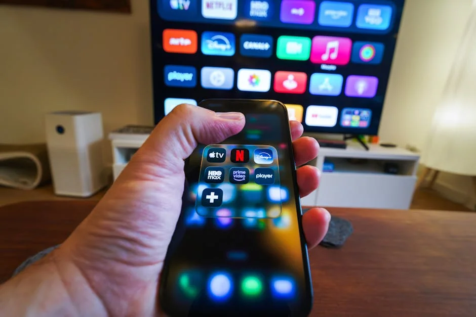 Close-up of a hand holding a phone displaying streaming apps in front of a TV with multiple app icons. - subscription renewal discounts for streaming services