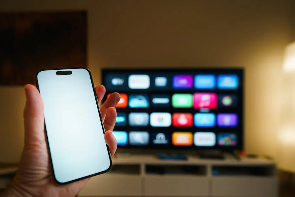 A smartphone in focus with a smart TV displaying apps in a cozy living room. - subscription renewal discounts for streaming services