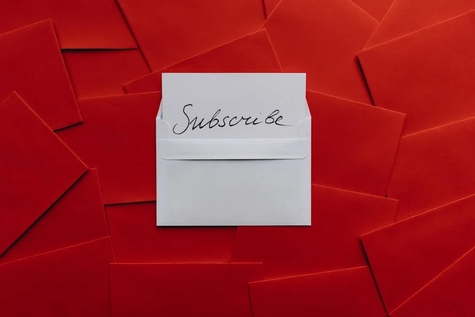 A collection of red envelopes with a central white envelope containing a subscribe card. Perfect for marketing themes. - subscription renewal discounts for streaming services