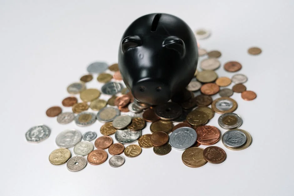 Black piggy bank surrounded by a variety of coins on a white surface, symbolizing savings and finance. - piggy bank money - How to use digital coupons at checkout for savings