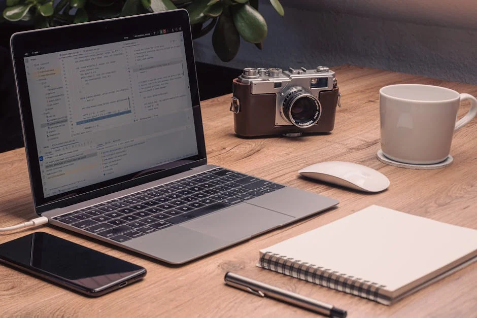 A warm, artistic workspace setup featuring a laptop with visible code, vintage camera, and a notebook on a wooden desk. - verified amazon promo codes for electronics