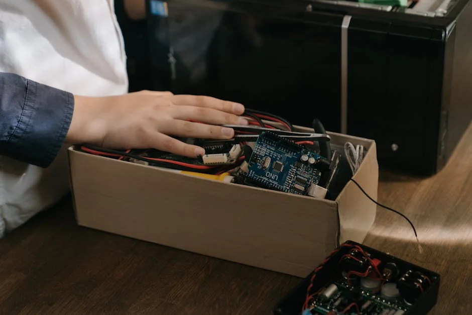 Close-up of hand interacting with Arduino microcontroller kit for electronic projects. - verified amazon promo codes for electronics