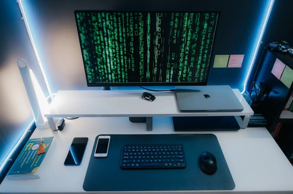 High-angle view of a modern tech workspace featuring a coding screen, laptop, and keyboard setup. - verified amazon promo codes for electronics