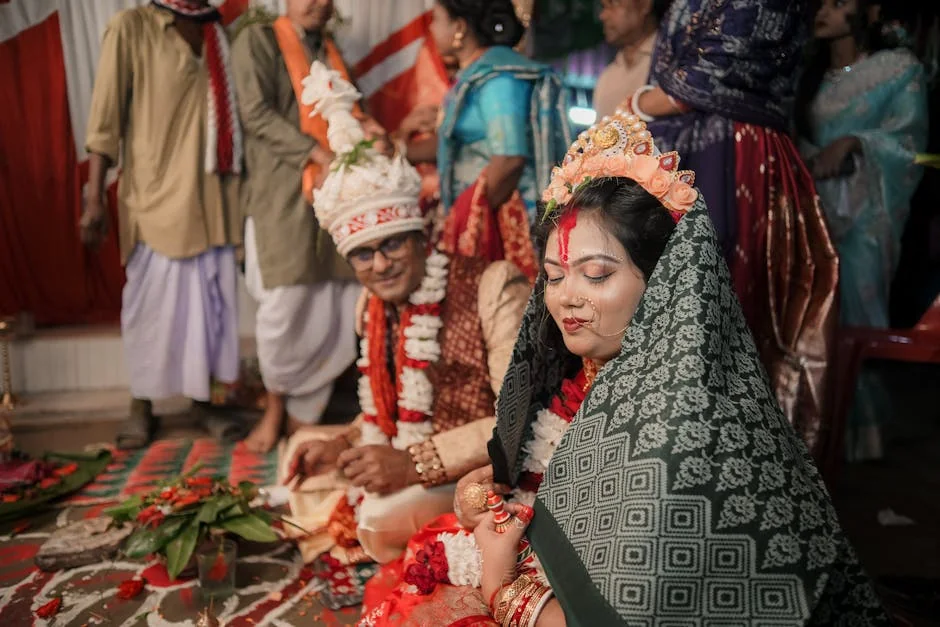 A vibrant Indian wedding ceremony with bride and groom adorned in traditional attire. - marriage ceremony celebration - Wedding dress and bridal accessory promo codes