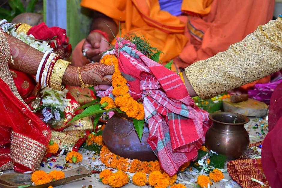 Colorful Indian wedding ceremony with intricate rituals and vibrant floral decorations. - marriage ceremony celebration - Wedding dress and bridal accessory promo codes