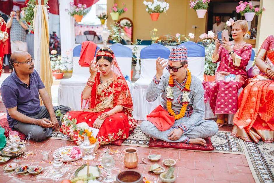 A vibrant scene from a traditional Nepalese wedding with couples and guests in traditional attire. - marriage ceremony celebration - Wedding dress and bridal accessory promo codes